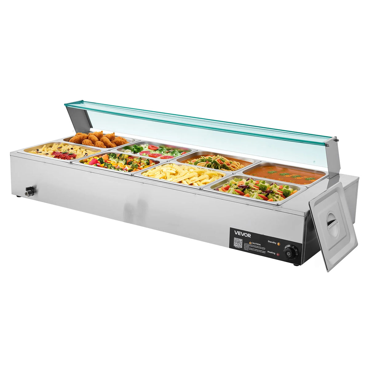 VEVOR komerciālais pārtikas sildītājs, 1700 W elektriskais nerūsējošā tērauda tvaika pārtikas sildītājs ar stikla vāku, galda Bain Marie ar 8 traukiem, zupas kausu un perforētu kausu ēdināšanai, restorāniem un pasākumiem - ZEMLETES.LV