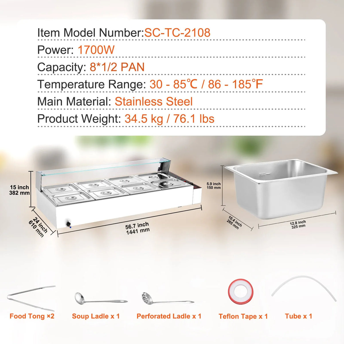 VEVOR komerciālais pārtikas sildītājs ar 8 traukiem, 8 × 8 l elektriskā tvaika Bain Marie ar stikla vāku, 1700 W galda nerūsējošā tērauda bufetes sildītājs ar temperatūras kontroli 30–85 °C ēdināšanai un restorāniem, sudraba krāsā - ZEMLETES.LV