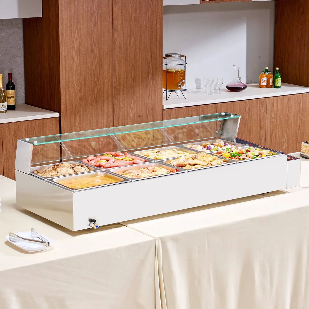 VEVOR komerciālais pārtikas sildītājs ar 8 traukiem, 8 × 8 l elektriskā tvaika Bain Marie ar stikla vāku, 1700 W galda nerūsējošā tērauda bufetes sildītājs ar temperatūras kontroli 30–85 °C ēdināšanai un restorāniem, sudraba krāsā - ZEMLETES.LV