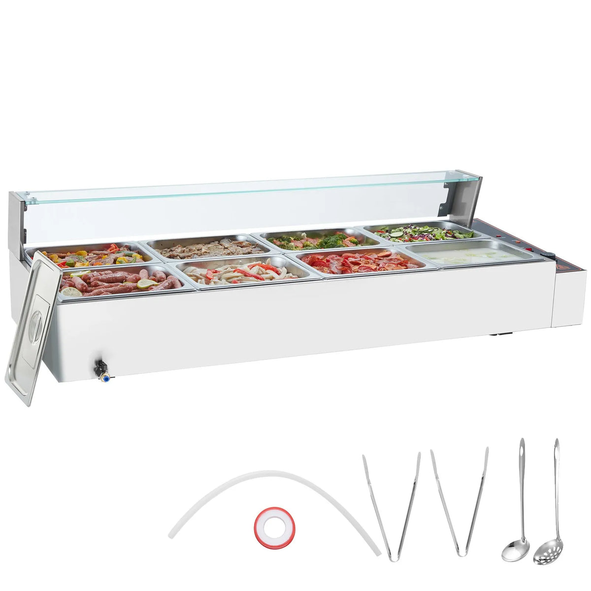 VEVOR komerciālais pārtikas sildītājs ar 8 traukiem, 8 × 8 l elektriskā tvaika Bain Marie ar stikla vāku, 1700 W galda nerūsējošā tērauda bufetes sildītājs ar temperatūras kontroli 30–85 °C ēdināšanai un restorāniem, sudraba krāsā - ZEMLETES.LV