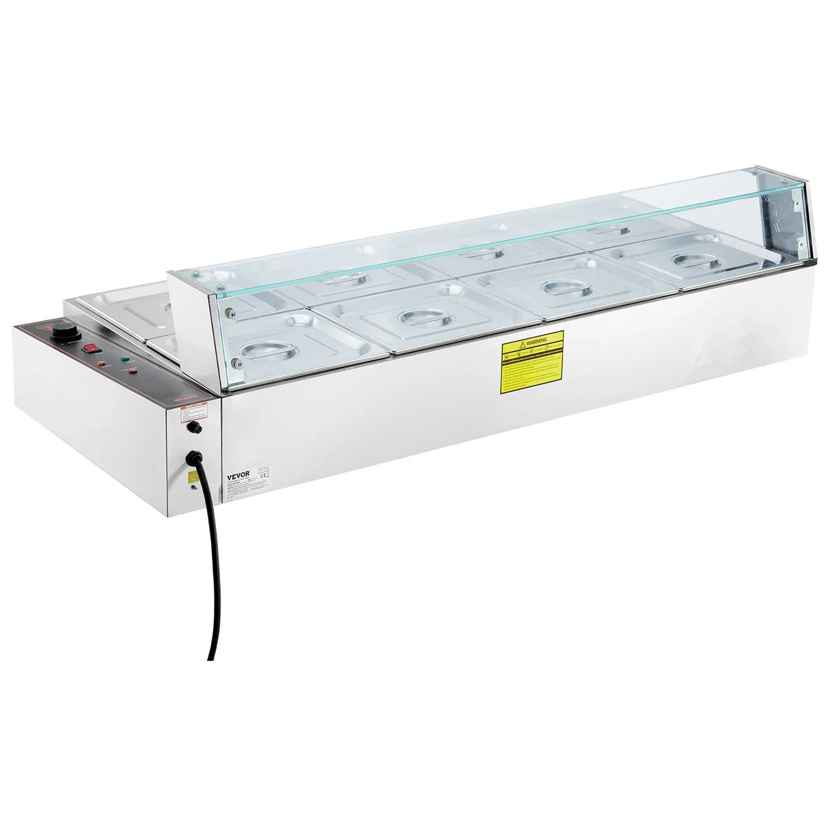VEVOR komerciālais pārtikas sildītājs ar 8 traukiem, 8 × 8 l elektriskā tvaika Bain Marie ar stikla vāku, 1700 W galda nerūsējošā tērauda bufetes sildītājs ar temperatūras kontroli 30–85 °C ēdināšanai un restorāniem, sudraba krāsā - ZEMLETES.LV