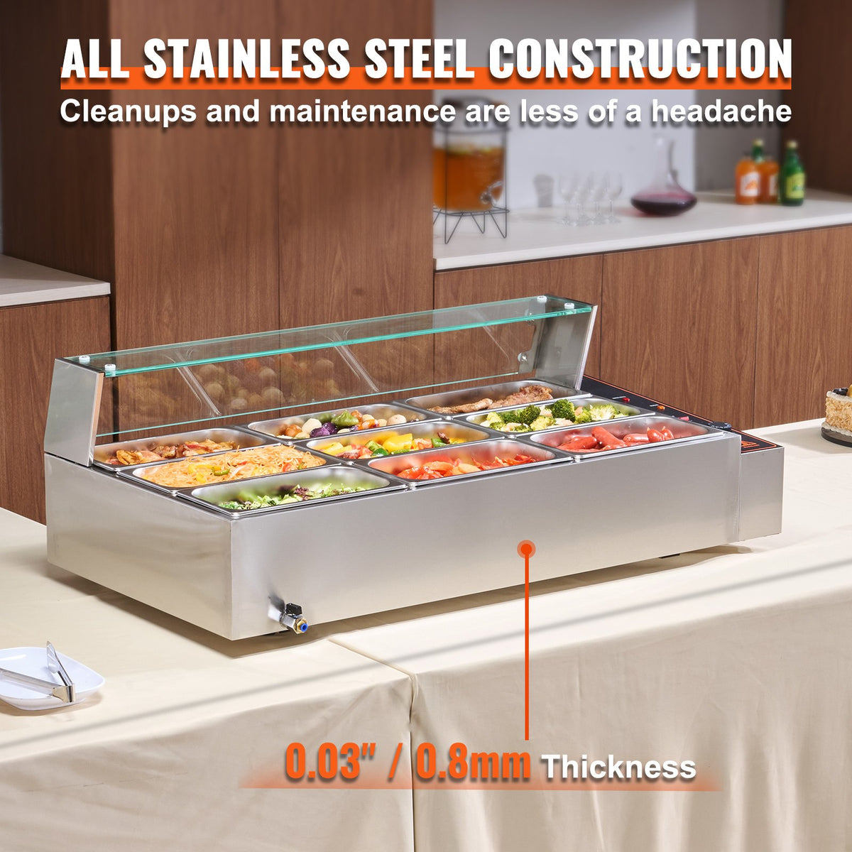 VEVOR komerciālais pārtikas sildītājs, 1500 W elektriskais nerūsējošā tērauda tvaika pārtikas sildītājs ar stikla vāku, galda Bain Marie ar 9 traukiem, zupas kausu un perforētu kausu ēdināšanai, restorāniem un pasākumiem - ZEMLETES.LV
