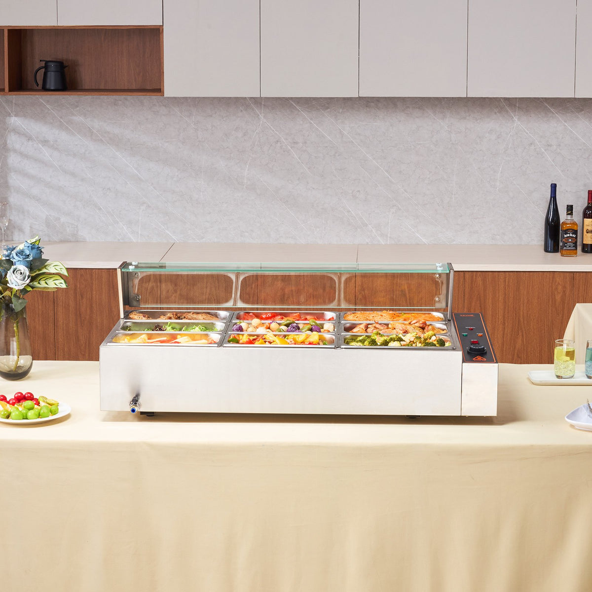 VEVOR komerciālais pārtikas sildītājs, 1500 W elektriskais nerūsējošā tērauda tvaika pārtikas sildītājs ar stikla vāku, galda Bain Marie ar 9 traukiem, zupas kausu un perforētu kausu ēdināšanai, restorāniem un pasākumiem - ZEMLETES.LV