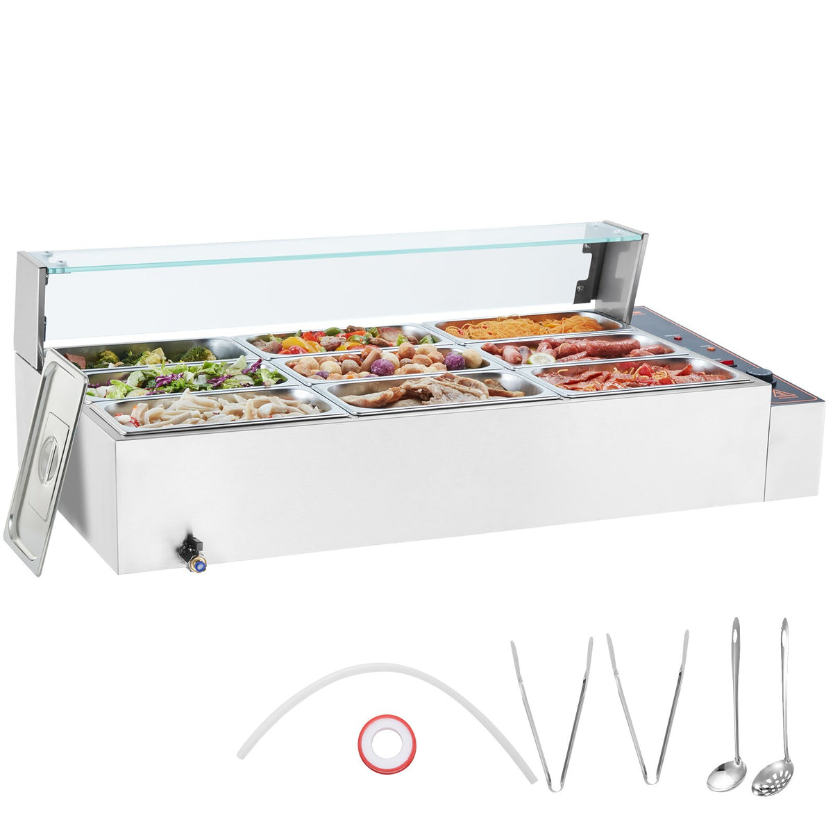 VEVOR komerciālais pārtikas sildītājs, 1500 W elektriskais nerūsējošā tērauda tvaika pārtikas sildītājs ar stikla vāku, galda Bain Marie ar 9 traukiem, zupas kausu un perforētu kausu ēdināšanai, restorāniem un pasākumiem - ZEMLETES.LV