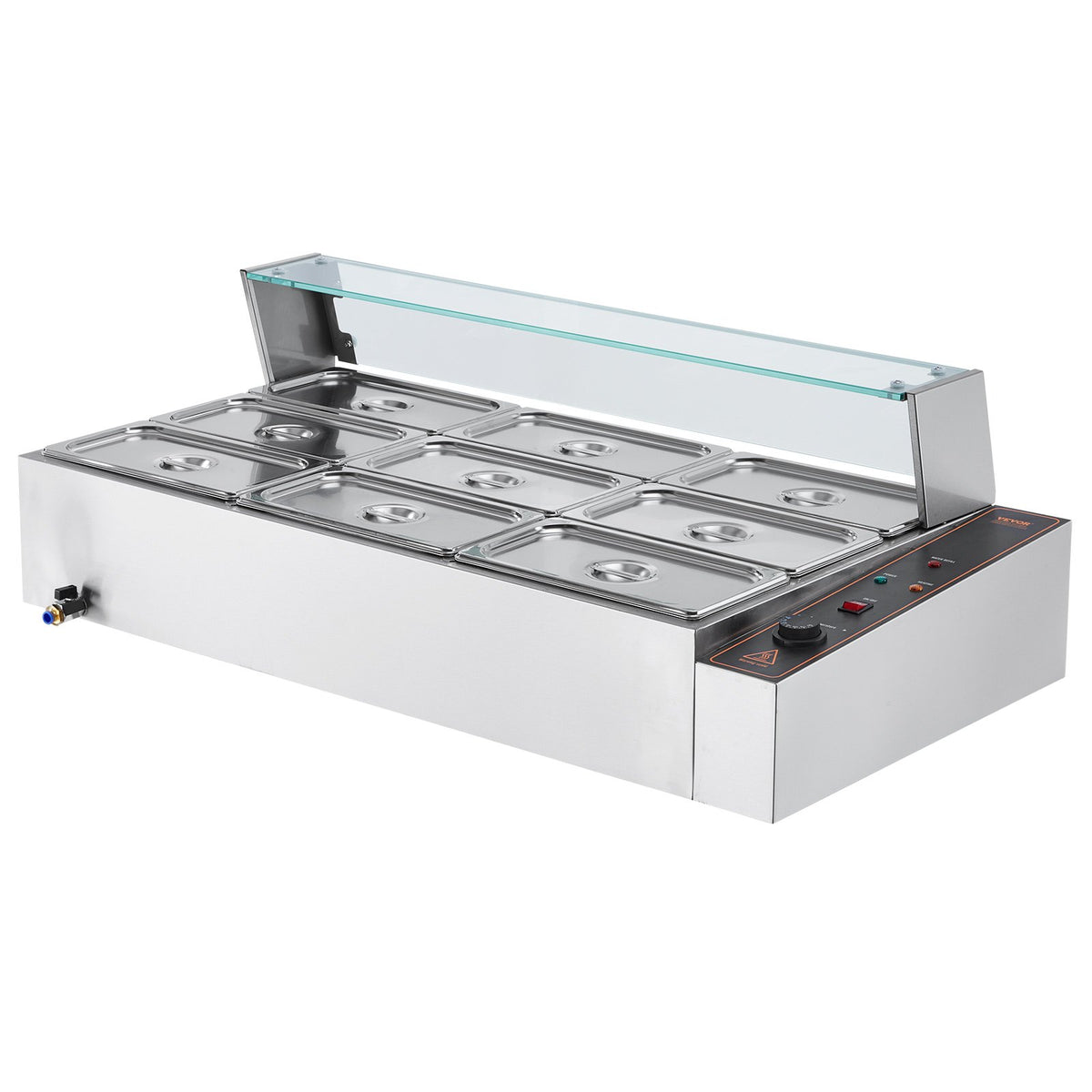 VEVOR komerciālais pārtikas sildītājs, 1500 W elektriskais nerūsējošā tērauda tvaika pārtikas sildītājs ar stikla vāku, galda Bain Marie ar 9 traukiem, zupas kausu un perforētu kausu ēdināšanai, restorāniem un pasākumiem - ZEMLETES.LV