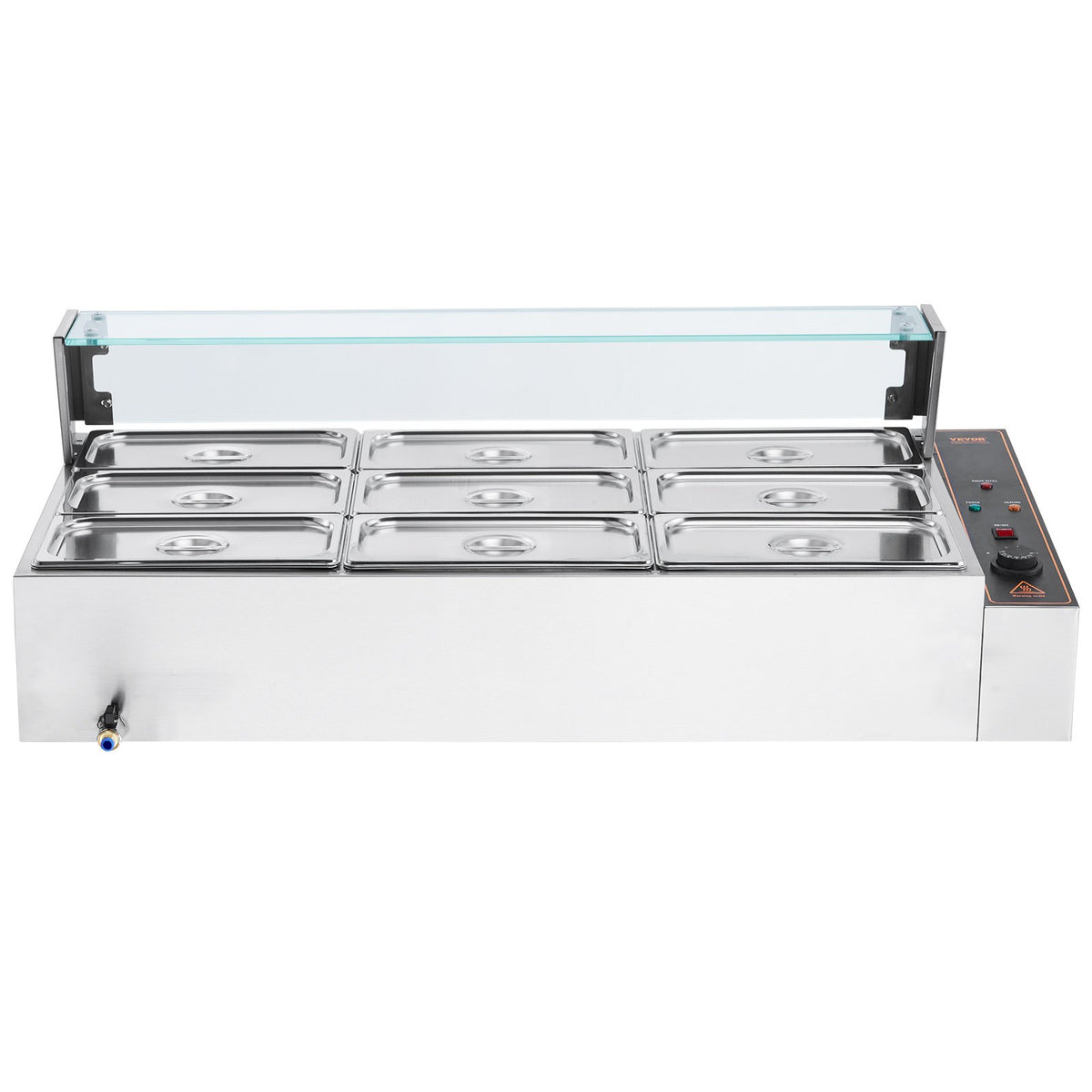 VEVOR komerciālais pārtikas sildītājs, 1500 W elektriskais nerūsējošā tērauda tvaika pārtikas sildītājs ar stikla vāku, galda Bain Marie ar 9 traukiem, zupas kausu un perforētu kausu ēdināšanai, restorāniem un pasākumiem - ZEMLETES.LV