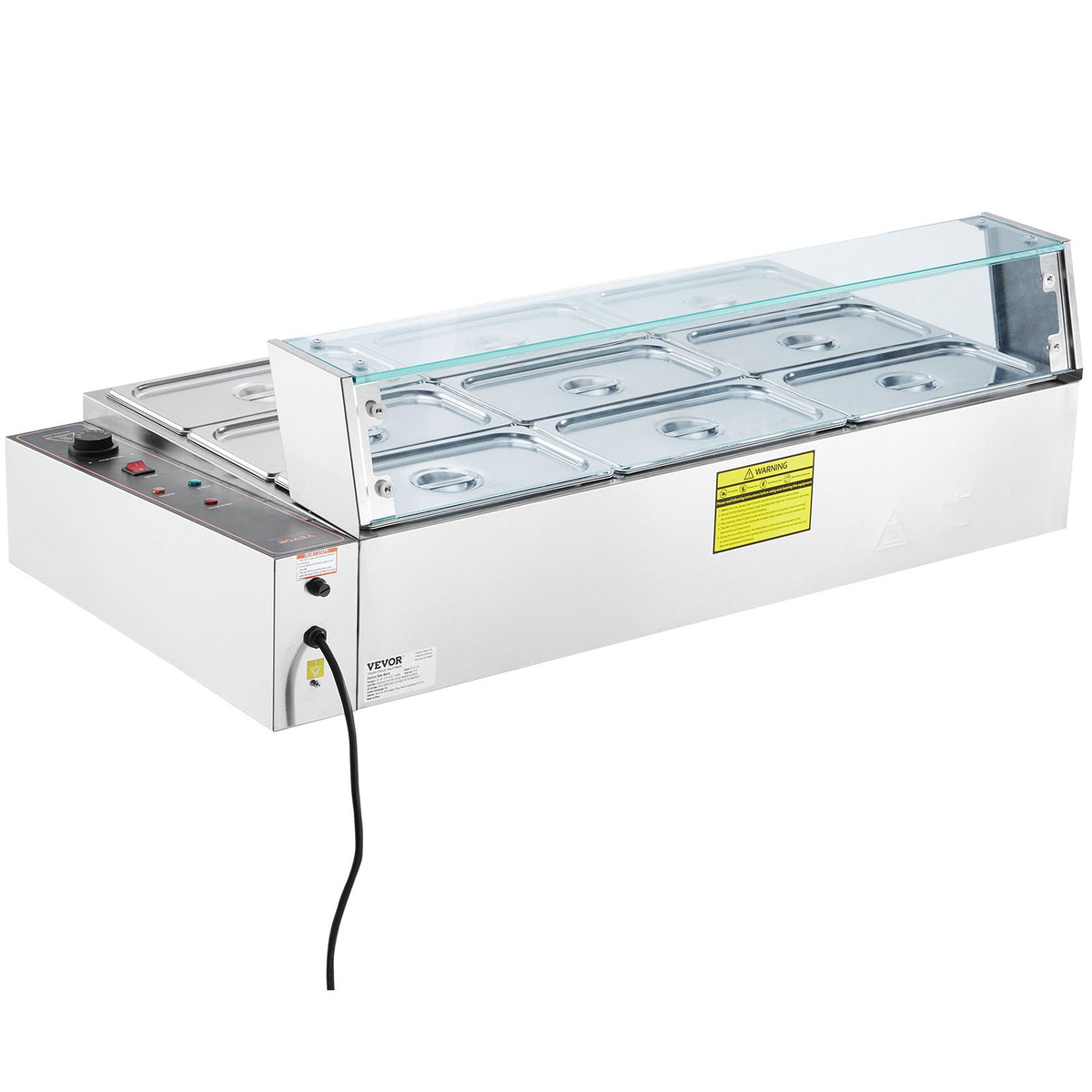 VEVOR komerciālais pārtikas sildītājs, 1500 W elektriskais nerūsējošā tērauda tvaika pārtikas sildītājs ar stikla vāku, galda Bain Marie ar 9 traukiem, zupas kausu un perforētu kausu ēdināšanai, restorāniem un pasākumiem - ZEMLETES.LV