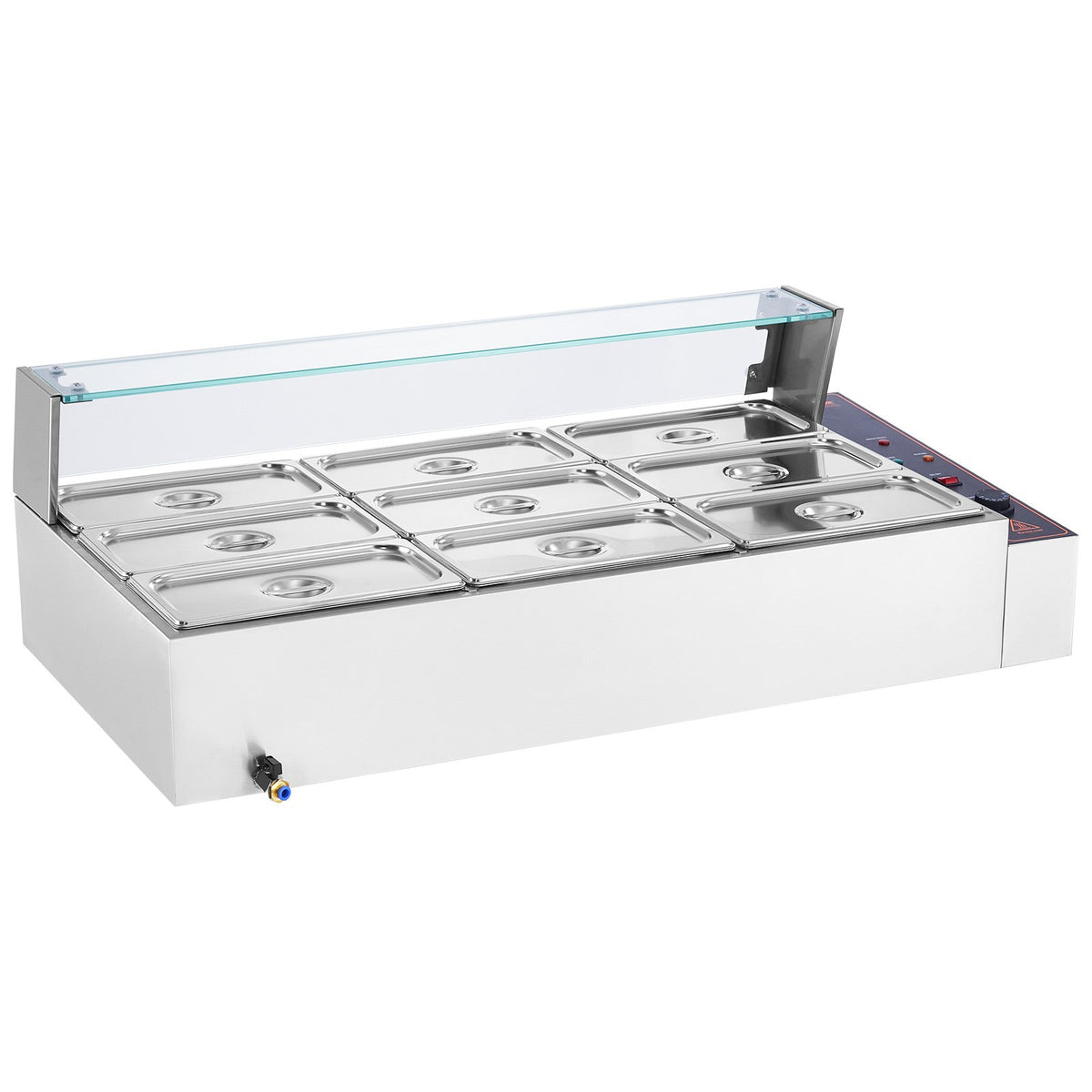 VEVOR komerciālais pārtikas sildītājs, 1500 W elektriskais nerūsējošā tērauda tvaika pārtikas sildītājs ar stikla vāku, galda Bain Marie ar 9 traukiem, zupas kausu un perforētu kausu ēdināšanai, restorāniem un pasākumiem - ZEMLETES.LV