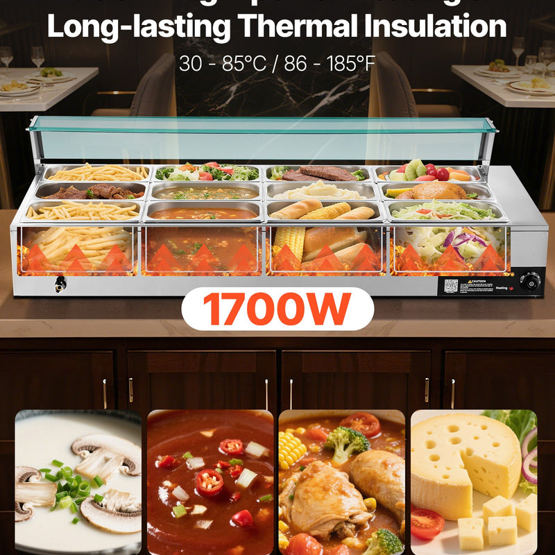 VEVOR komerciālais pārtikas sildītājs, 1700 W elektriskais nerūsējošā tērauda tvaika pārtikas sildītājs ar stikla vāku, galda Bain Marie ar 12 traukiem, zupas kausu un perforētu kausu ēdināšanai, restorāniem un pasākumiem - ZEMLETES.LV