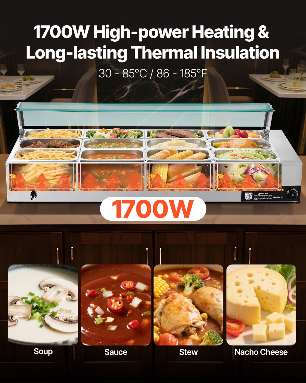VEVOR komerciālais pārtikas sildītājs, 1700 W elektriskais nerūsējošā tērauda tvaika pārtikas sildītājs ar stikla vāku, galda Bain Marie ar 12 traukiem, zupas kausu un perforētu kausu ēdināšanai, restorāniem un pasākumiem - ZEMLETES.LV