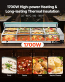 VEVOR komerciālais pārtikas sildītājs, 1700 W elektriskais nerūsējošā tērauda tvaika pārtikas sildītājs ar stikla vāku, galda Bain Marie ar 12 traukiem, zupas kausu un perforētu kausu ēdināšanai, restorāniem un pasākumiem - ZEMLETES.LV
