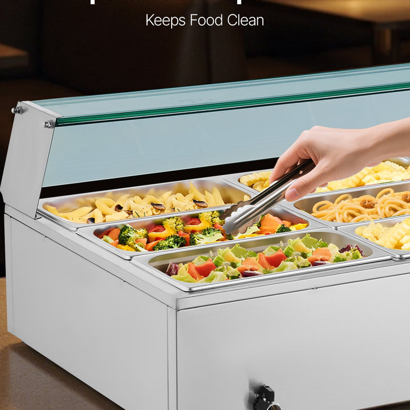 VEVOR komerciālais pārtikas sildītājs, 1700 W elektriskais nerūsējošā tērauda tvaika pārtikas sildītājs ar stikla vāku, galda Bain Marie ar 12 traukiem, zupas kausu un perforētu kausu ēdināšanai, restorāniem un pasākumiem - ZEMLETES.LV