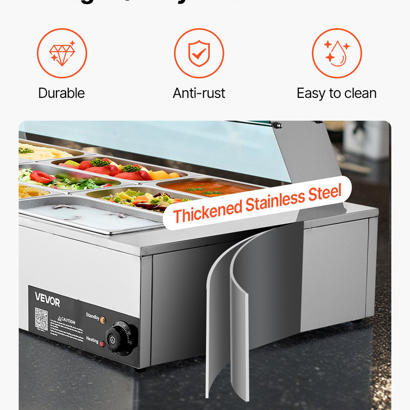VEVOR komerciālais pārtikas sildītājs, 1700 W elektriskais nerūsējošā tērauda tvaika pārtikas sildītājs ar stikla vāku, galda Bain Marie ar 12 traukiem, zupas kausu un perforētu kausu ēdināšanai, restorāniem un pasākumiem - ZEMLETES.LV