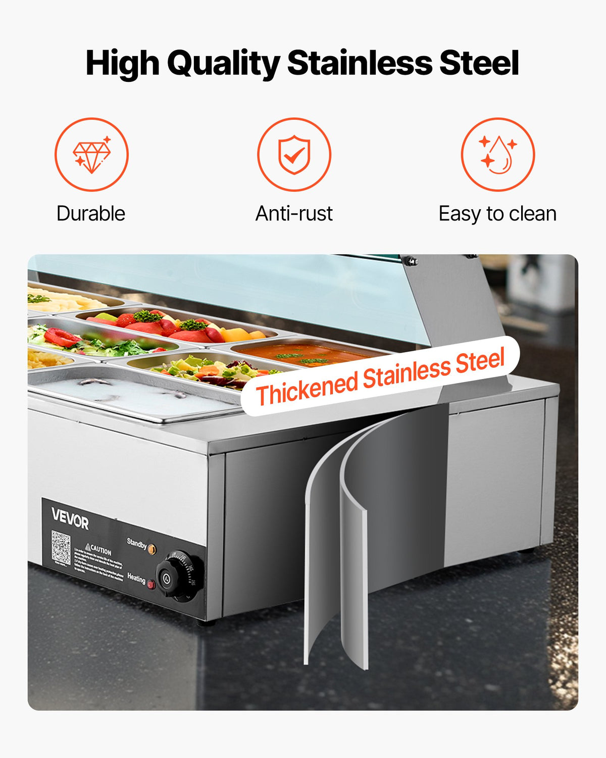 VEVOR komerciālais pārtikas sildītājs, 1700 W elektriskais nerūsējošā tērauda tvaika pārtikas sildītājs ar stikla vāku, galda Bain Marie ar 12 traukiem, zupas kausu un perforētu kausu ēdināšanai, restorāniem un pasākumiem - ZEMLETES.LV