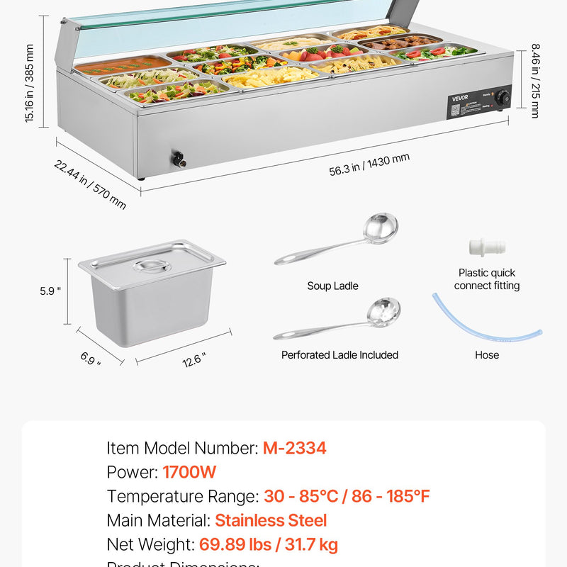 VEVOR komerciālais pārtikas sildītājs, 1700 W elektriskais nerūsējošā tērauda tvaika pārtikas sildītājs ar stikla vāku, galda Bain Marie ar 12 traukiem, zupas kausu un perforētu kausu ēdināšanai, restorāniem un pasākumiem - ZEMLETES.LV