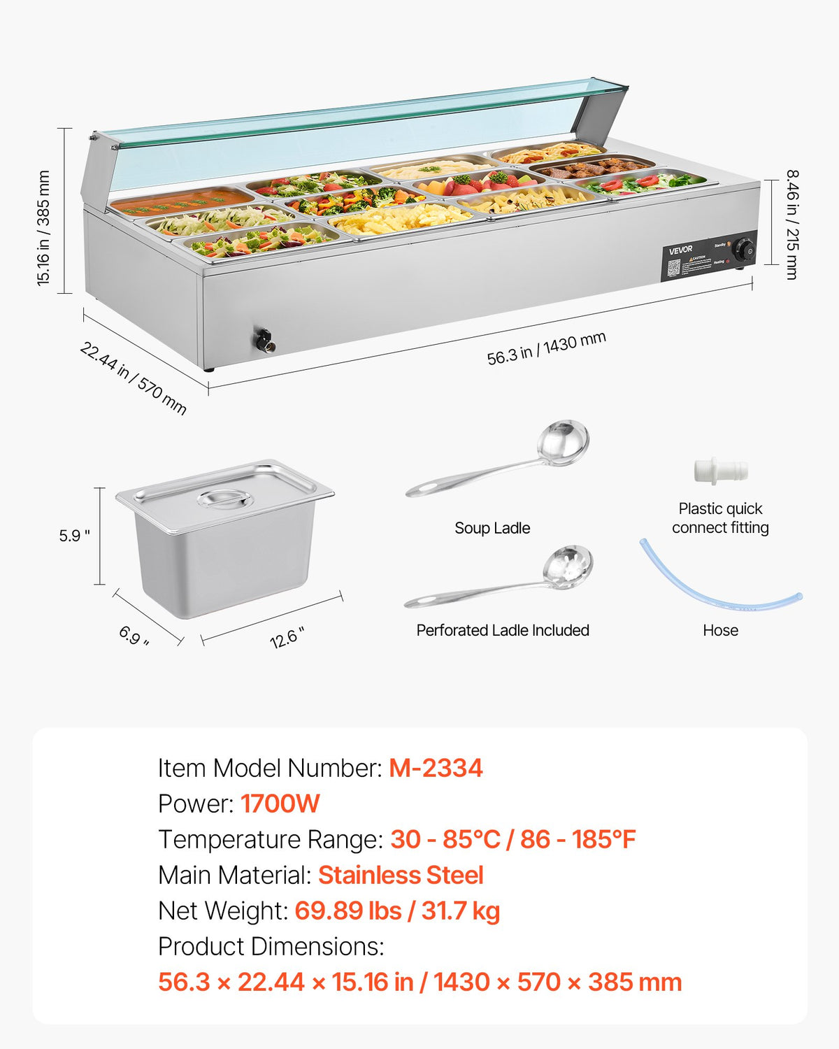 VEVOR komerciālais pārtikas sildītājs, 1700 W elektriskais nerūsējošā tērauda tvaika pārtikas sildītājs ar stikla vāku, galda Bain Marie ar 12 traukiem, zupas kausu un perforētu kausu ēdināšanai, restorāniem un pasākumiem - ZEMLETES.LV