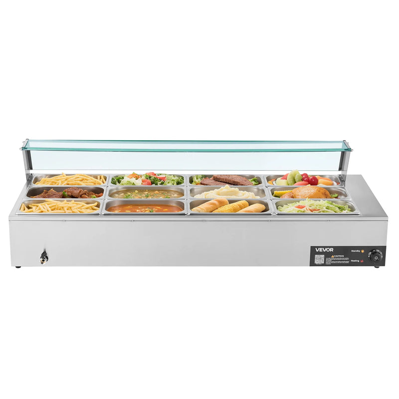 VEVOR komerciālais pārtikas sildītājs, 1700 W elektriskais nerūsējošā tērauda tvaika pārtikas sildītājs ar stikla vāku, galda Bain Marie ar 12 traukiem, zupas kausu un perforētu kausu ēdināšanai, restorāniem un pasākumiem - ZEMLETES.LV