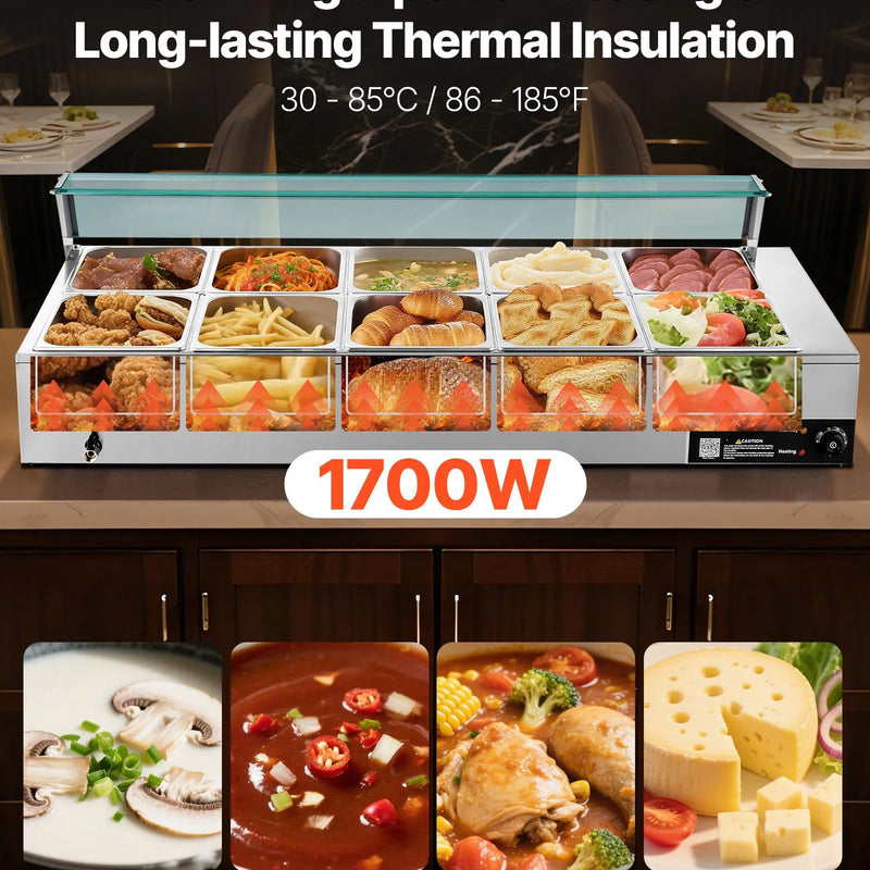 VEVOR komerciālais pārtikas sildītājs, 1700 W elektriskais nerūsējošā tērauda tvaika pārtikas sildītājs ar stikla vāku, galda Bain Marie ar 10 traukiem, zupas kausu un perforētu kausu ēdināšanai, restorāniem un pasākumiem - ZEMLETES.LV