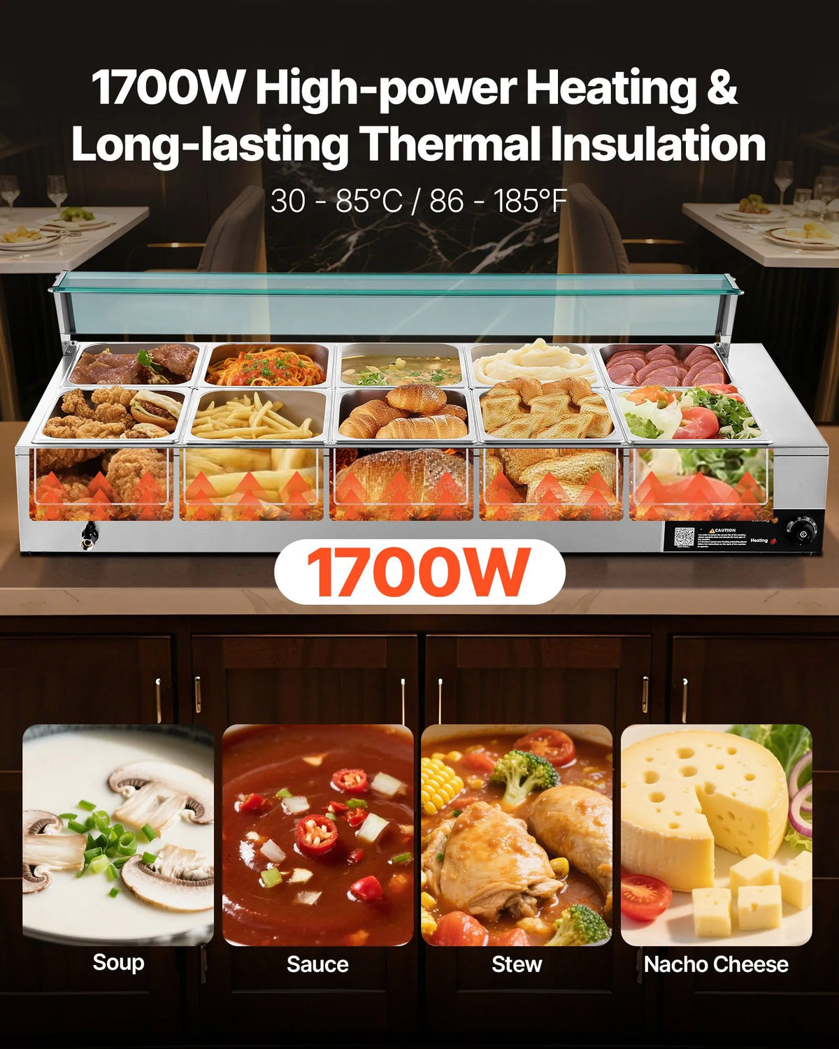 VEVOR komerciālais pārtikas sildītājs, 1700 W elektriskais nerūsējošā tērauda tvaika pārtikas sildītājs ar stikla vāku, galda Bain Marie ar 10 traukiem, zupas kausu un perforētu kausu ēdināšanai, restorāniem un pasākumiem - ZEMLETES.LV