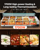 VEVOR komerciālais pārtikas sildītājs, 1700 W elektriskais nerūsējošā tērauda tvaika pārtikas sildītājs ar stikla vāku, galda Bain Marie ar 10 traukiem, zupas kausu un perforētu kausu ēdināšanai, restorāniem un pasākumiem - ZEMLETES.LV