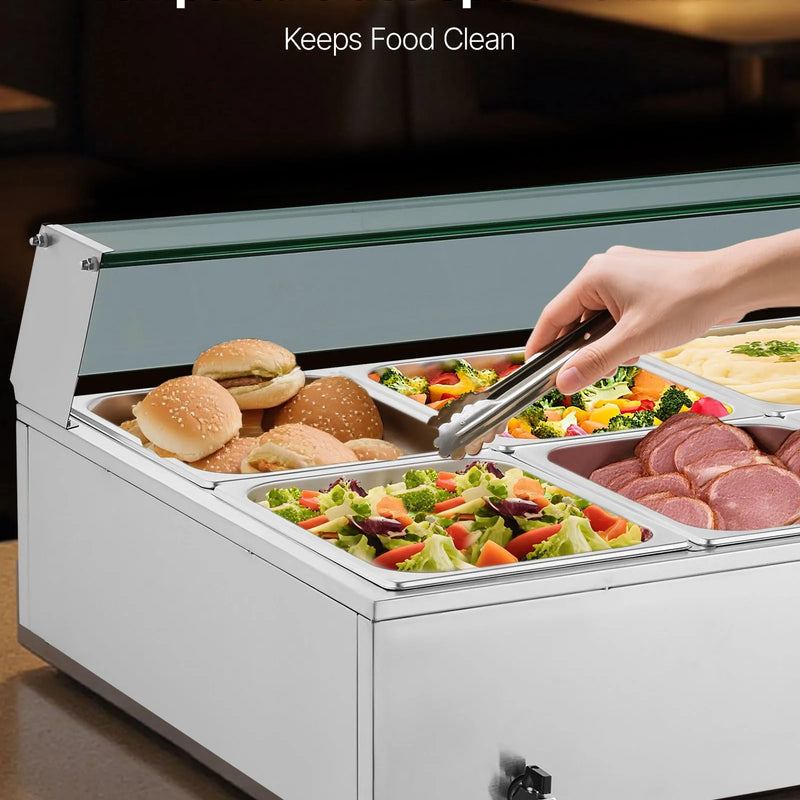 VEVOR komerciālais pārtikas sildītājs, 1700 W elektriskais nerūsējošā tērauda tvaika pārtikas sildītājs ar stikla vāku, galda Bain Marie ar 10 traukiem, zupas kausu un perforētu kausu ēdināšanai, restorāniem un pasākumiem - ZEMLETES.LV