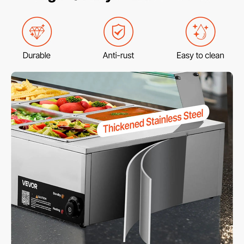 VEVOR komerciālais pārtikas sildītājs, 1700 W elektriskais nerūsējošā tērauda tvaika pārtikas sildītājs ar stikla vāku, galda Bain Marie ar 10 traukiem, zupas kausu un perforētu kausu ēdināšanai, restorāniem un pasākumiem - ZEMLETES.LV