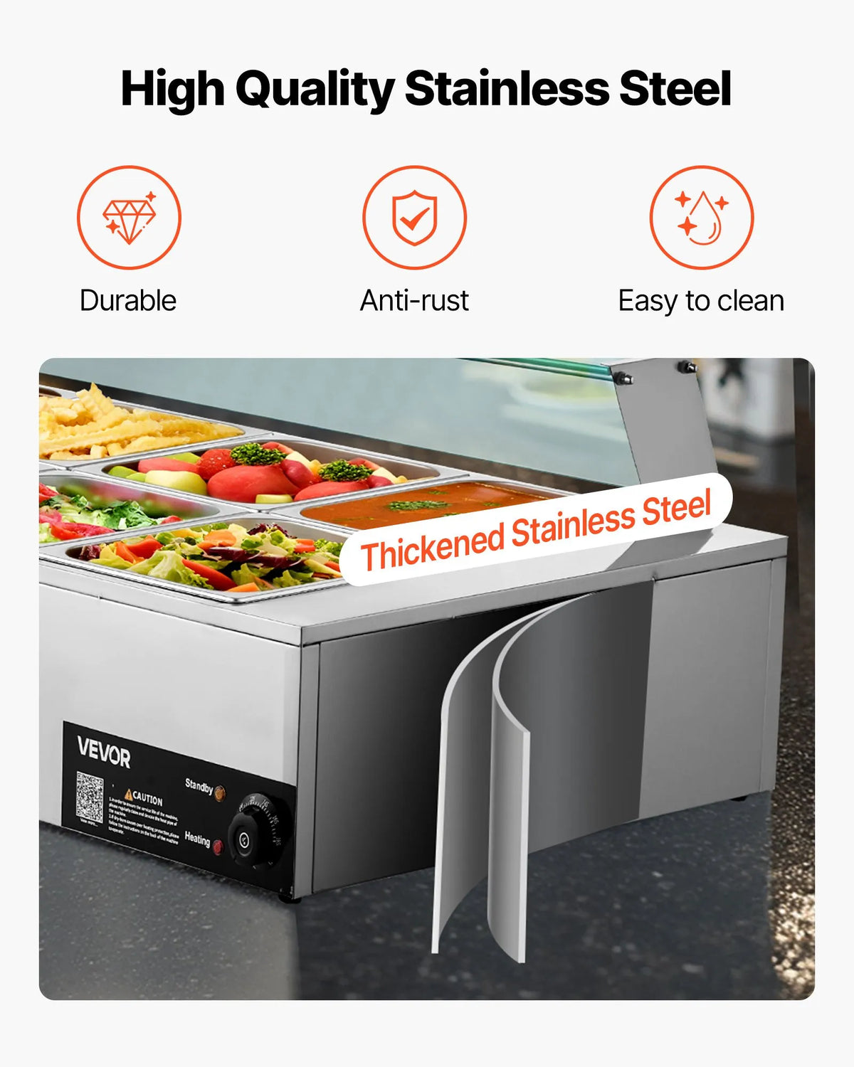 VEVOR komerciālais pārtikas sildītājs, 1700 W elektriskais nerūsējošā tērauda tvaika pārtikas sildītājs ar stikla vāku, galda Bain Marie ar 10 traukiem, zupas kausu un perforētu kausu ēdināšanai, restorāniem un pasākumiem - ZEMLETES.LV