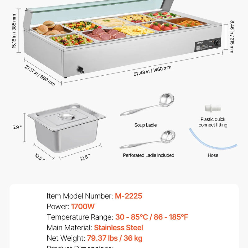 VEVOR komerciālais pārtikas sildītājs, 1700 W elektriskais nerūsējošā tērauda tvaika pārtikas sildītājs ar stikla vāku, galda Bain Marie ar 10 traukiem, zupas kausu un perforētu kausu ēdināšanai, restorāniem un pasākumiem - ZEMLETES.LV