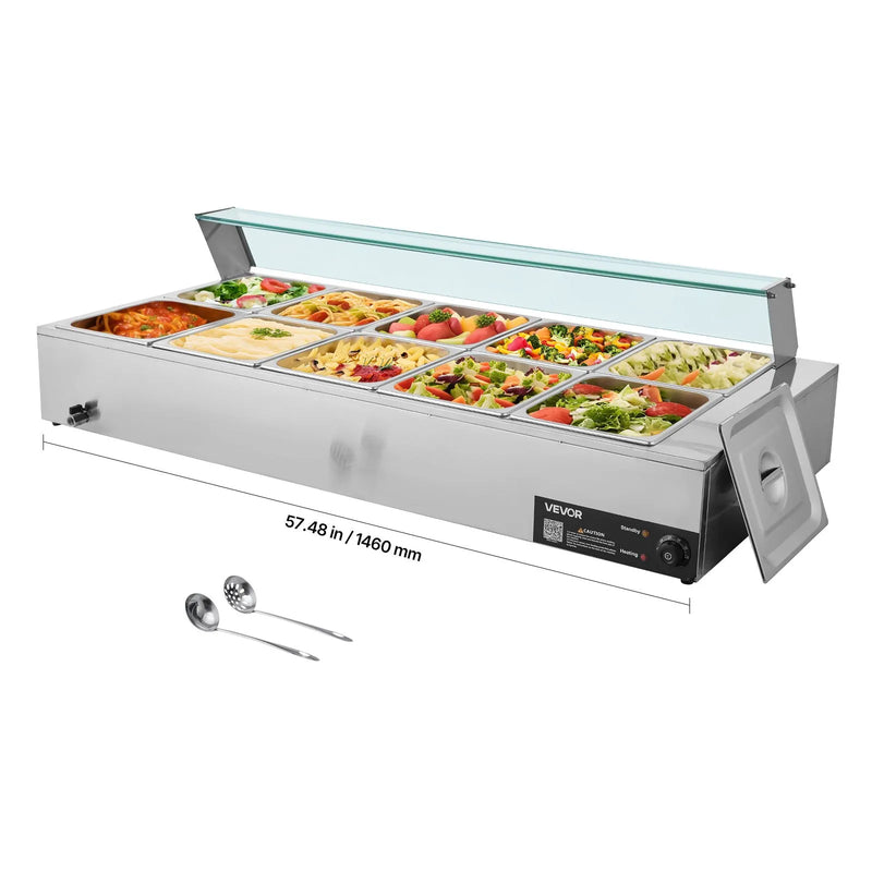 VEVOR komerciālais pārtikas sildītājs, 1700 W elektriskais nerūsējošā tērauda tvaika pārtikas sildītājs ar stikla vāku, galda Bain Marie ar 10 traukiem, zupas kausu un perforētu kausu ēdināšanai, restorāniem un pasākumiem - ZEMLETES.LV