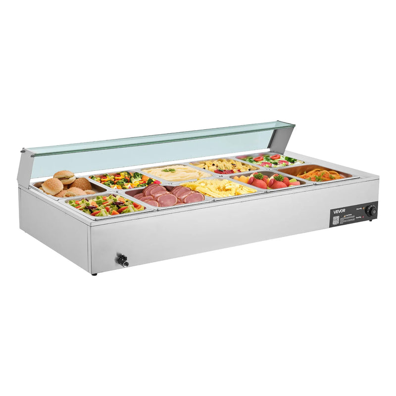 VEVOR komerciālais pārtikas sildītājs, 1700 W elektriskais nerūsējošā tērauda tvaika pārtikas sildītājs ar stikla vāku, galda Bain Marie ar 10 traukiem, zupas kausu un perforētu kausu ēdināšanai, restorāniem un pasākumiem - ZEMLETES.LV