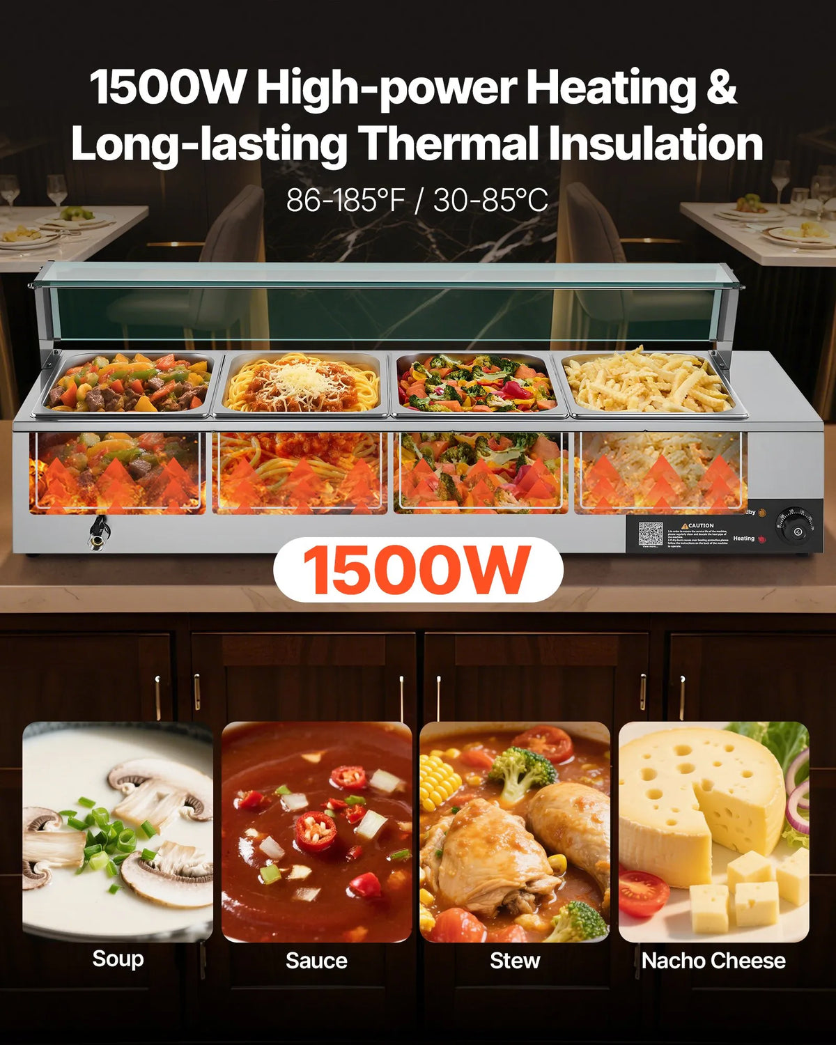 VEVOR komerciālais pārtikas sildītājs, 1500 W elektriskais nerūsējošā tērauda tvaika pārtikas sildītājs ar stikla vāku, galda Bain Marie ar 4 traukiem, zupas kausu un perforētu kausu ēdināšanai, restorāniem un pasākumiem - ZEMLETES.LV
