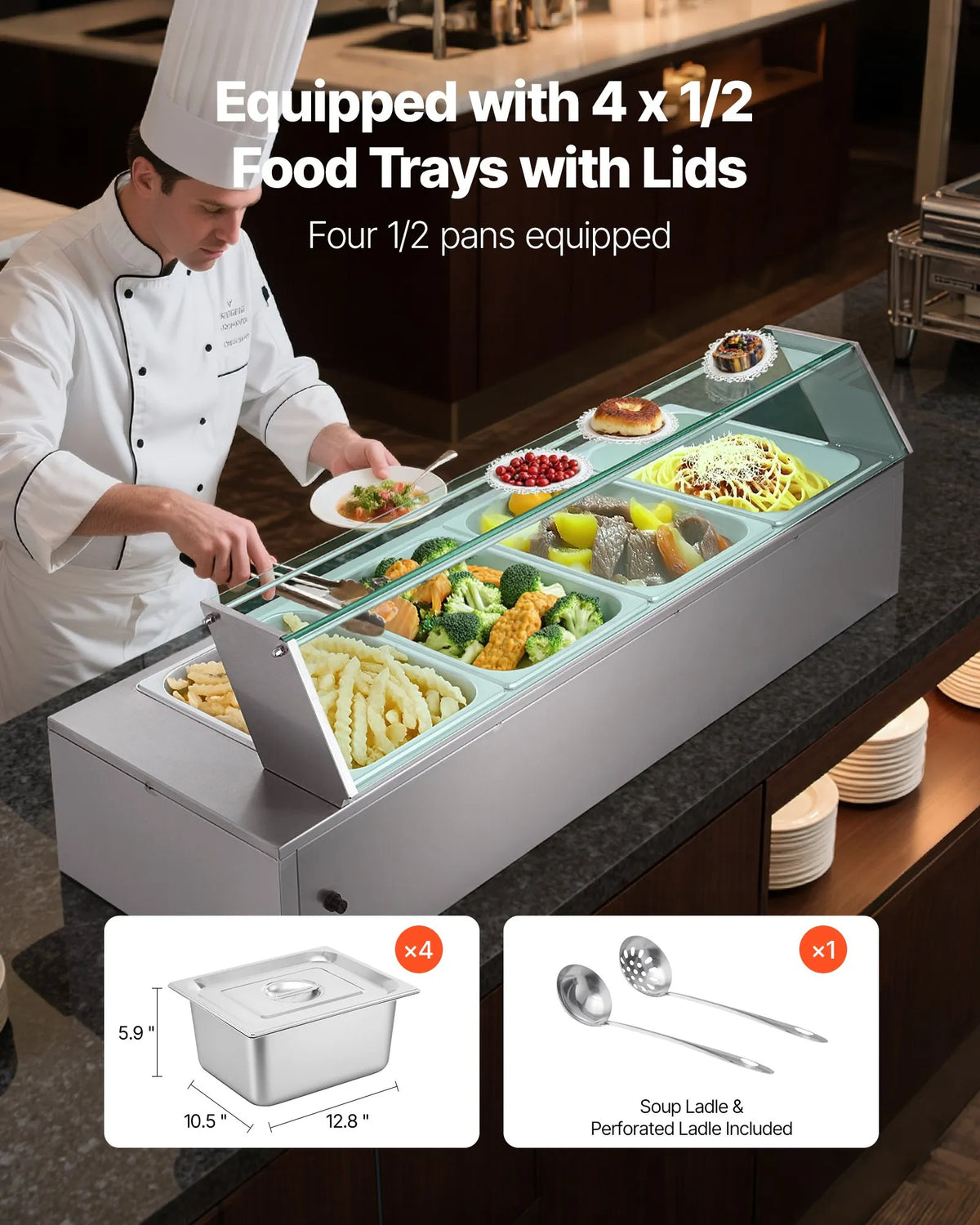 VEVOR komerciālais pārtikas sildītājs, 1500 W elektriskais nerūsējošā tērauda tvaika pārtikas sildītājs ar stikla vāku, galda Bain Marie ar 4 traukiem, zupas kausu un perforētu kausu ēdināšanai, restorāniem un pasākumiem - ZEMLETES.LV