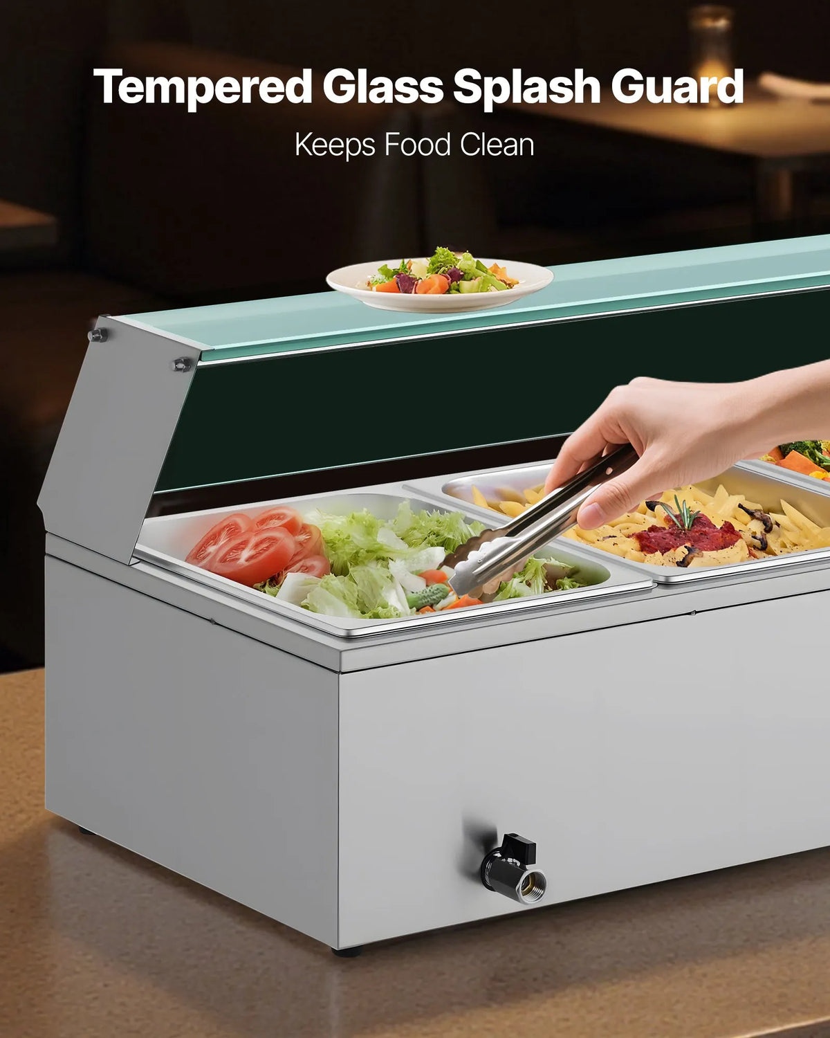 VEVOR komerciālais pārtikas sildītājs, 1500 W elektriskais nerūsējošā tērauda tvaika pārtikas sildītājs ar stikla vāku, galda Bain Marie ar 4 traukiem, zupas kausu un perforētu kausu ēdināšanai, restorāniem un pasākumiem - ZEMLETES.LV