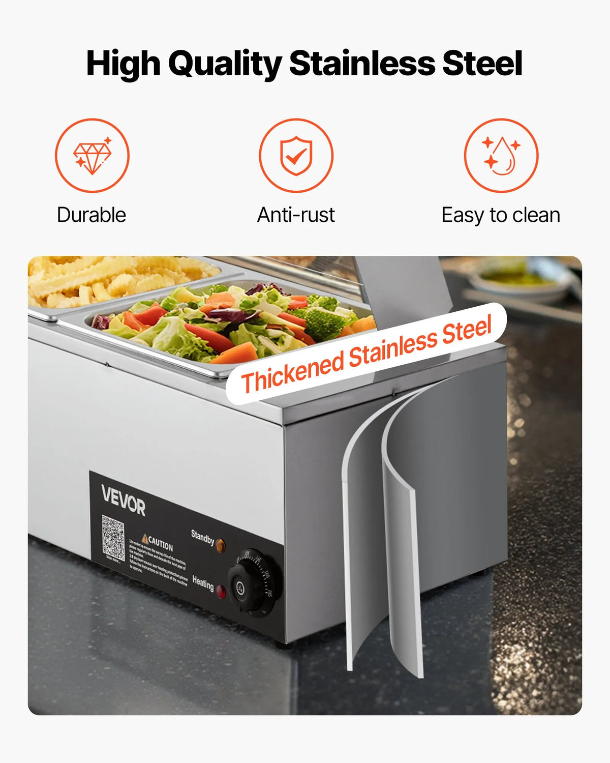 VEVOR komerciālais pārtikas sildītājs, 1500 W elektriskais nerūsējošā tērauda tvaika pārtikas sildītājs ar stikla vāku, galda Bain Marie ar 4 traukiem, zupas kausu un perforētu kausu ēdināšanai, restorāniem un pasākumiem - ZEMLETES.LV