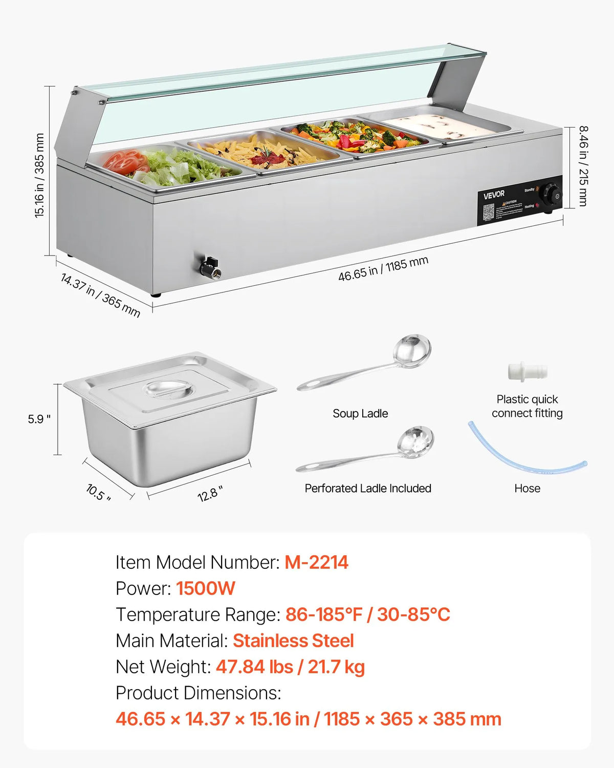 VEVOR komerciālais pārtikas sildītājs, 1500 W elektriskais nerūsējošā tērauda tvaika pārtikas sildītājs ar stikla vāku, galda Bain Marie ar 4 traukiem, zupas kausu un perforētu kausu ēdināšanai, restorāniem un pasākumiem - ZEMLETES.LV