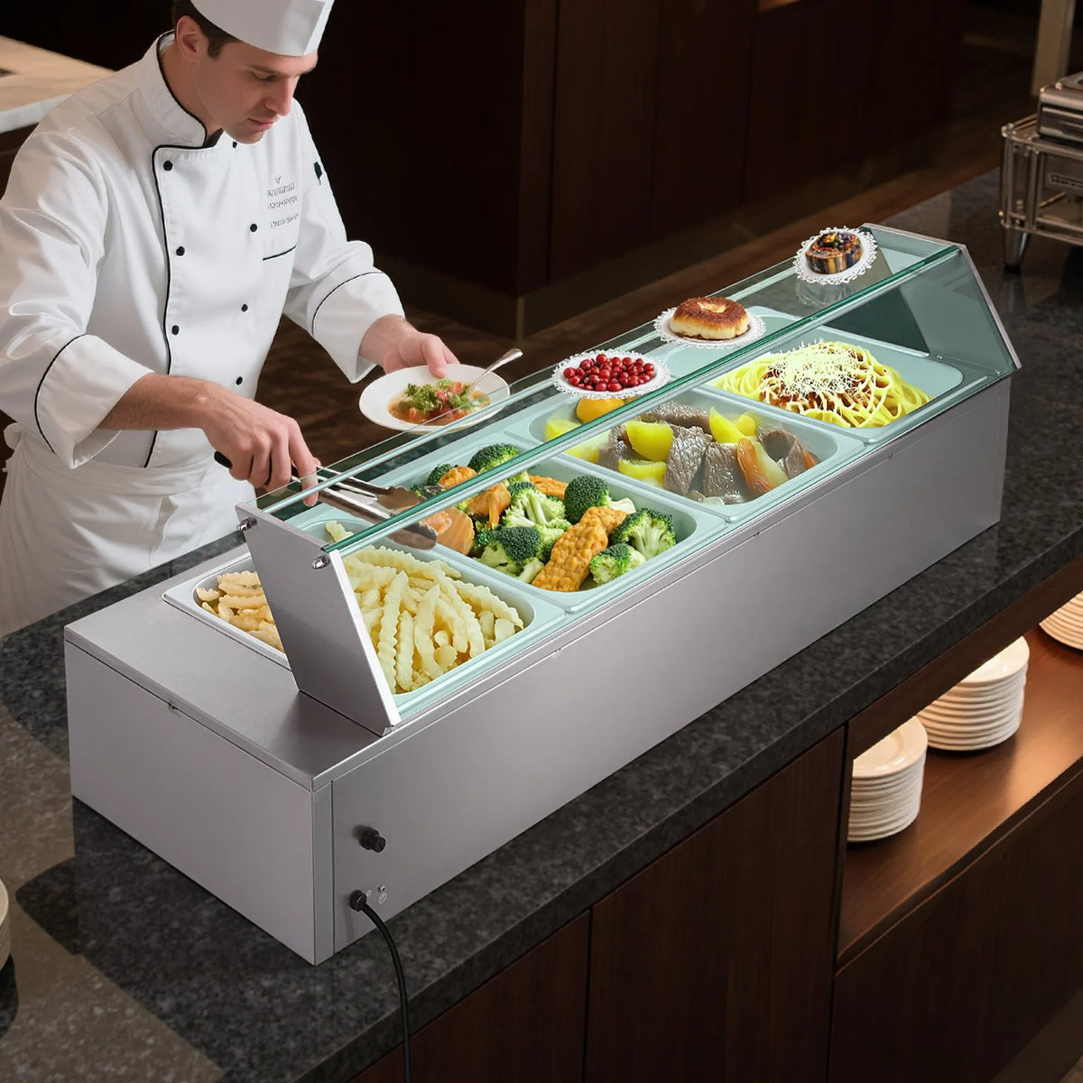 VEVOR komerciālais pārtikas sildītājs, 1500 W elektriskais nerūsējošā tērauda tvaika pārtikas sildītājs ar stikla vāku, galda Bain Marie ar 4 traukiem, zupas kausu un perforētu kausu ēdināšanai, restorāniem un pasākumiem - ZEMLETES.LV