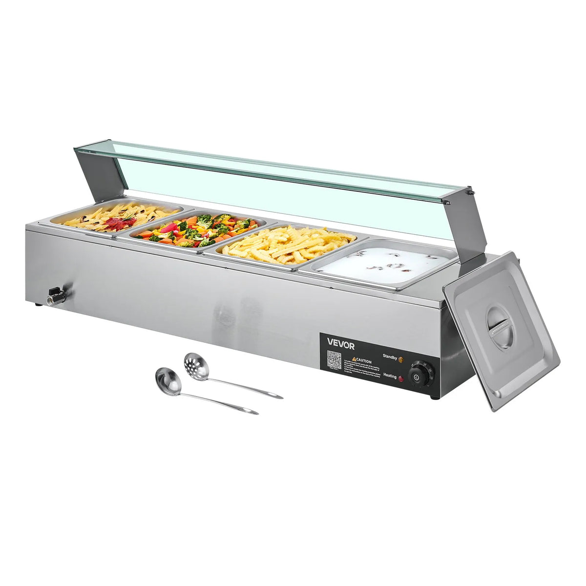 VEVOR komerciālais pārtikas sildītājs, 1500 W elektriskais nerūsējošā tērauda tvaika pārtikas sildītājs ar stikla vāku, galda Bain Marie ar 4 traukiem, zupas kausu un perforētu kausu ēdināšanai, restorāniem un pasākumiem - ZEMLETES.LV