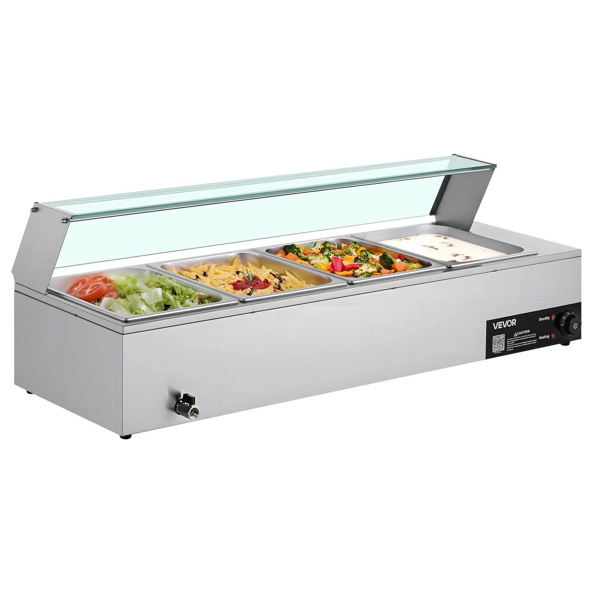 VEVOR komerciālais pārtikas sildītājs, 1500 W elektriskais nerūsējošā tērauda tvaika pārtikas sildītājs ar stikla vāku, galda Bain Marie ar 4 traukiem, zupas kausu un perforētu kausu ēdināšanai, restorāniem un pasākumiem - ZEMLETES.LV
