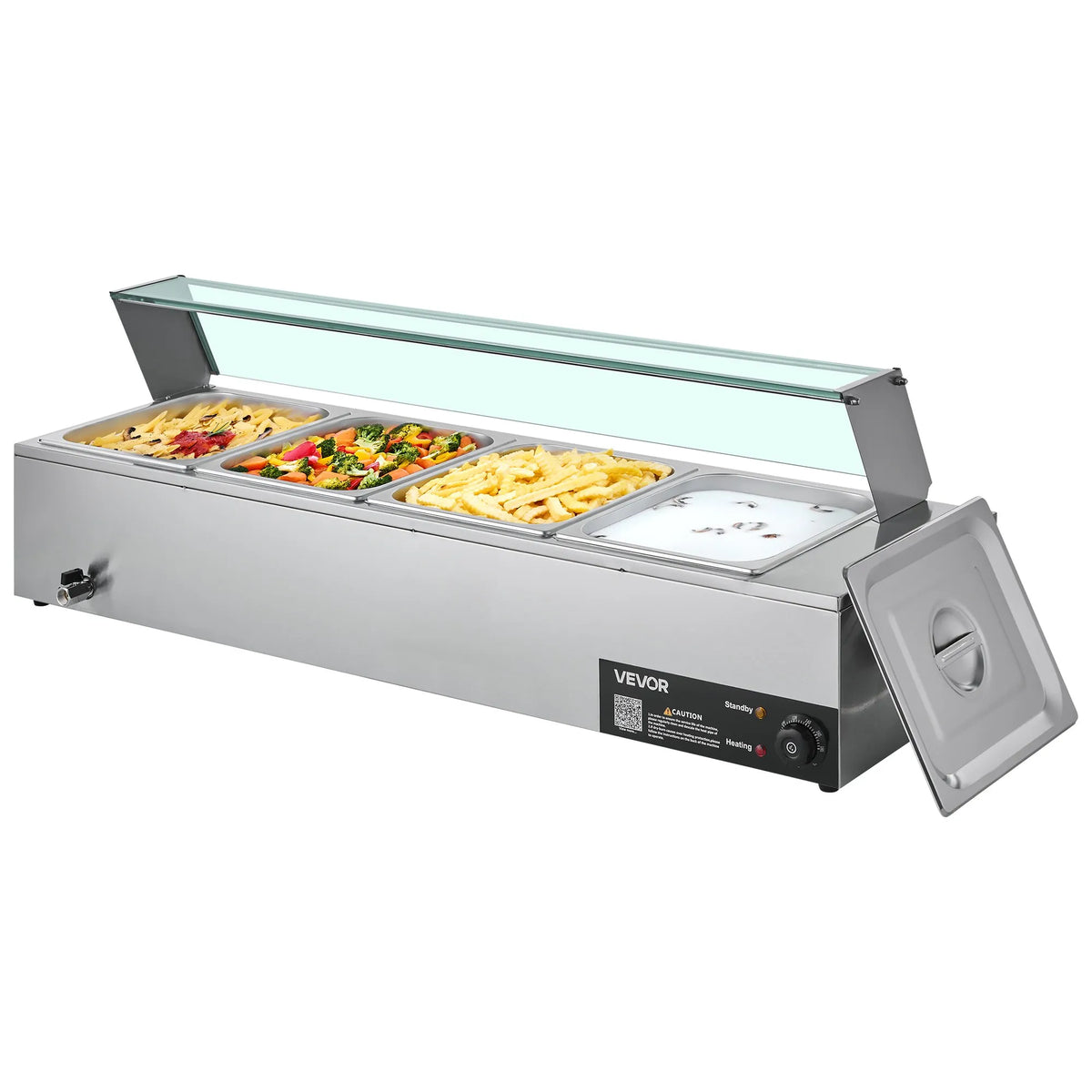 VEVOR komerciālais pārtikas sildītājs, 1500 W elektriskais nerūsējošā tērauda tvaika pārtikas sildītājs ar stikla vāku, galda Bain Marie ar 4 traukiem, zupas kausu un perforētu kausu ēdināšanai, restorāniem un pasākumiem - ZEMLETES.LV