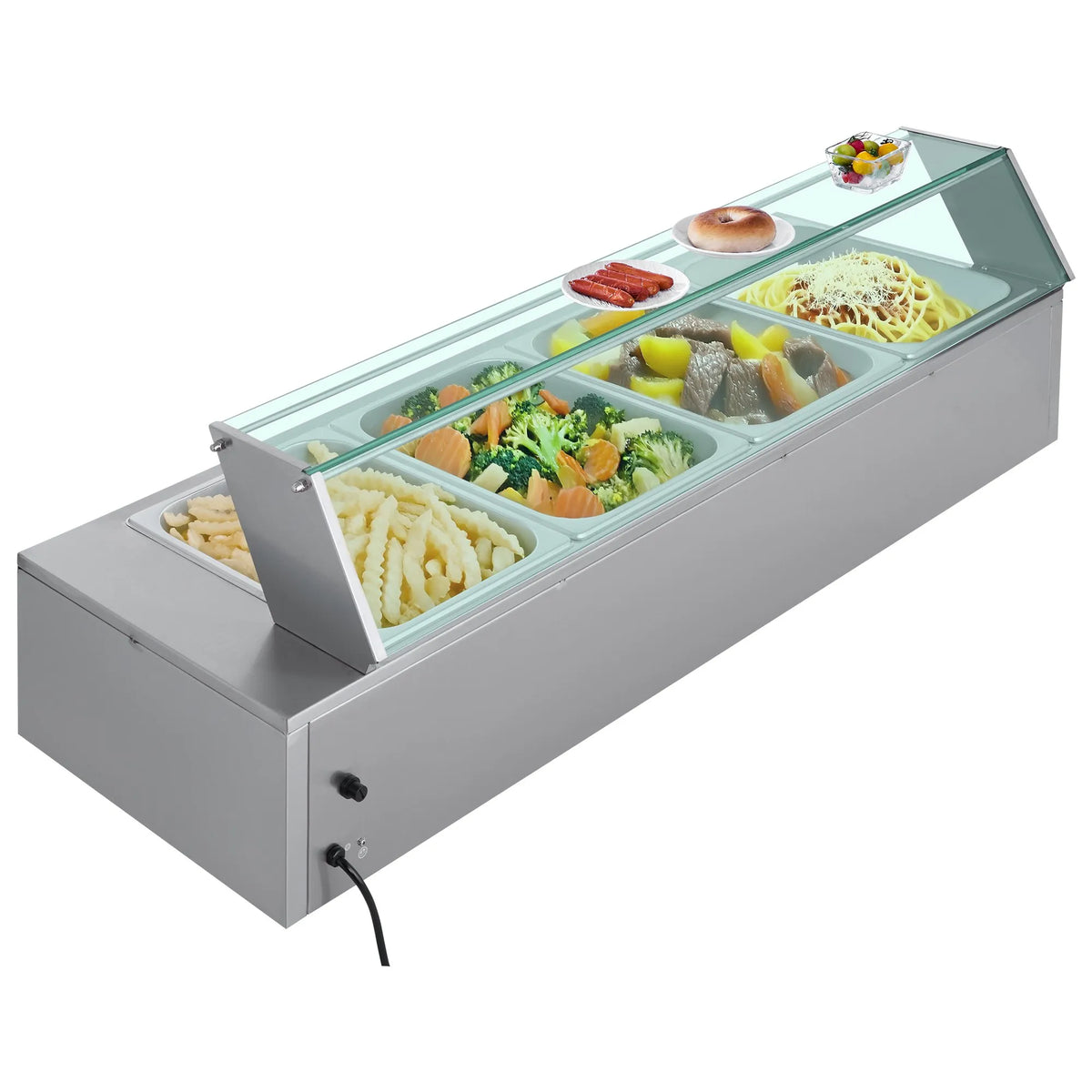 VEVOR komerciālais pārtikas sildītājs, 1500 W elektriskais nerūsējošā tērauda tvaika pārtikas sildītājs ar stikla vāku, galda Bain Marie ar 4 traukiem, zupas kausu un perforētu kausu ēdināšanai, restorāniem un pasākumiem - ZEMLETES.LV