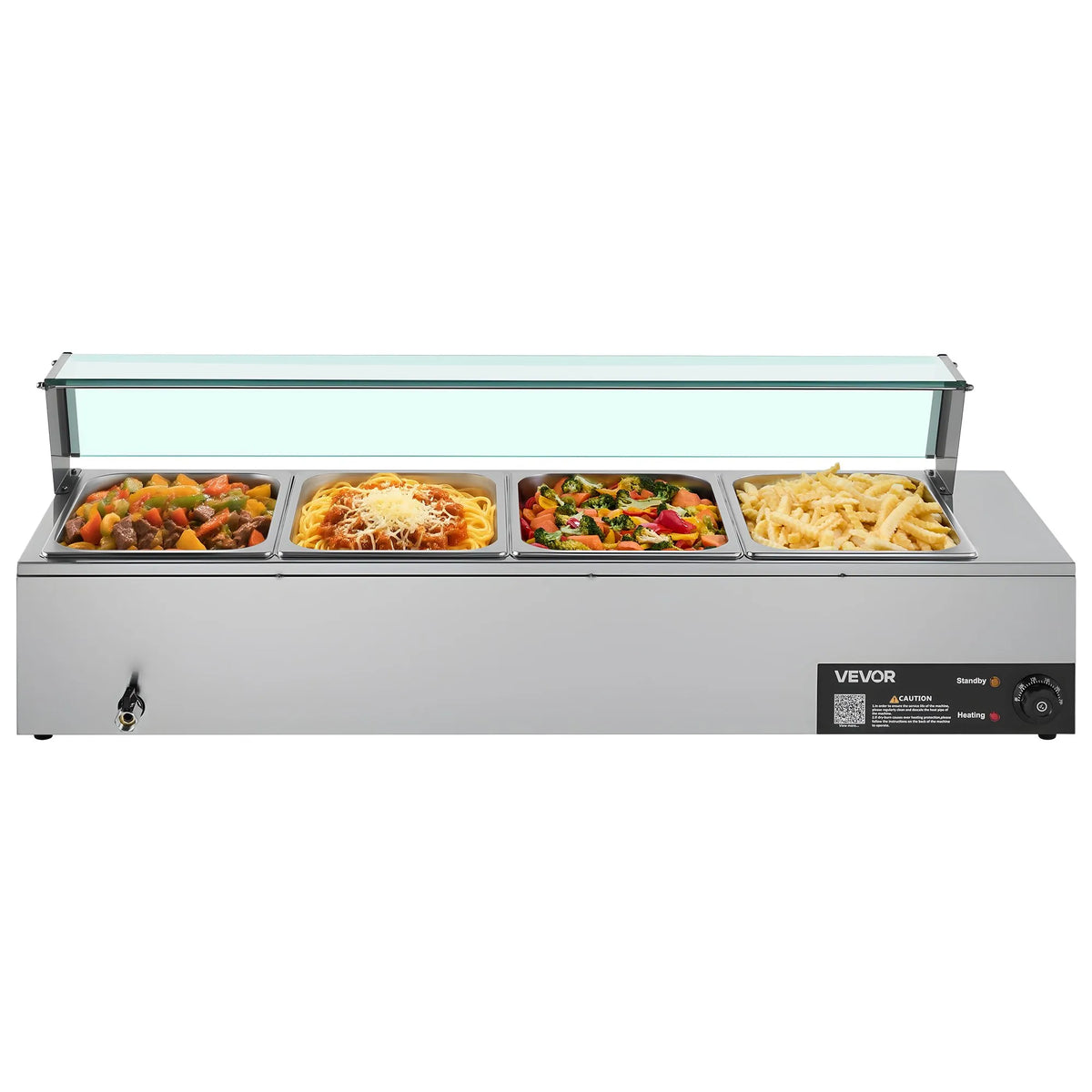 VEVOR komerciālais pārtikas sildītājs, 1500 W elektriskais nerūsējošā tērauda tvaika pārtikas sildītājs ar stikla vāku, galda Bain Marie ar 4 traukiem, zupas kausu un perforētu kausu ēdināšanai, restorāniem un pasākumiem - ZEMLETES.LV