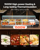 VEVOR komerciālais pārtikas sildītājs ar 5 nodalījumiem, 1500 W elektriska nerūsējošā tērauda Bain Marie bufetes iekārta ar stikla pārsegu un temperatūras regulēšanu 30–85 ℃, piemērota ēdināšanai, bufetēm, pasākumiem un restorāniem - ZEMLETES.LV