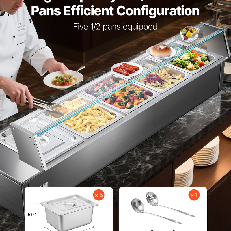 VEVOR komerciālais pārtikas sildītājs ar 5 nodalījumiem, 1500 W elektriska nerūsējošā tērauda Bain Marie bufetes iekārta ar stikla pārsegu un temperatūras regulēšanu 30–85 ℃, piemērota ēdināšanai, bufetēm, pasākumiem un restorāniem - ZEMLETES.LV