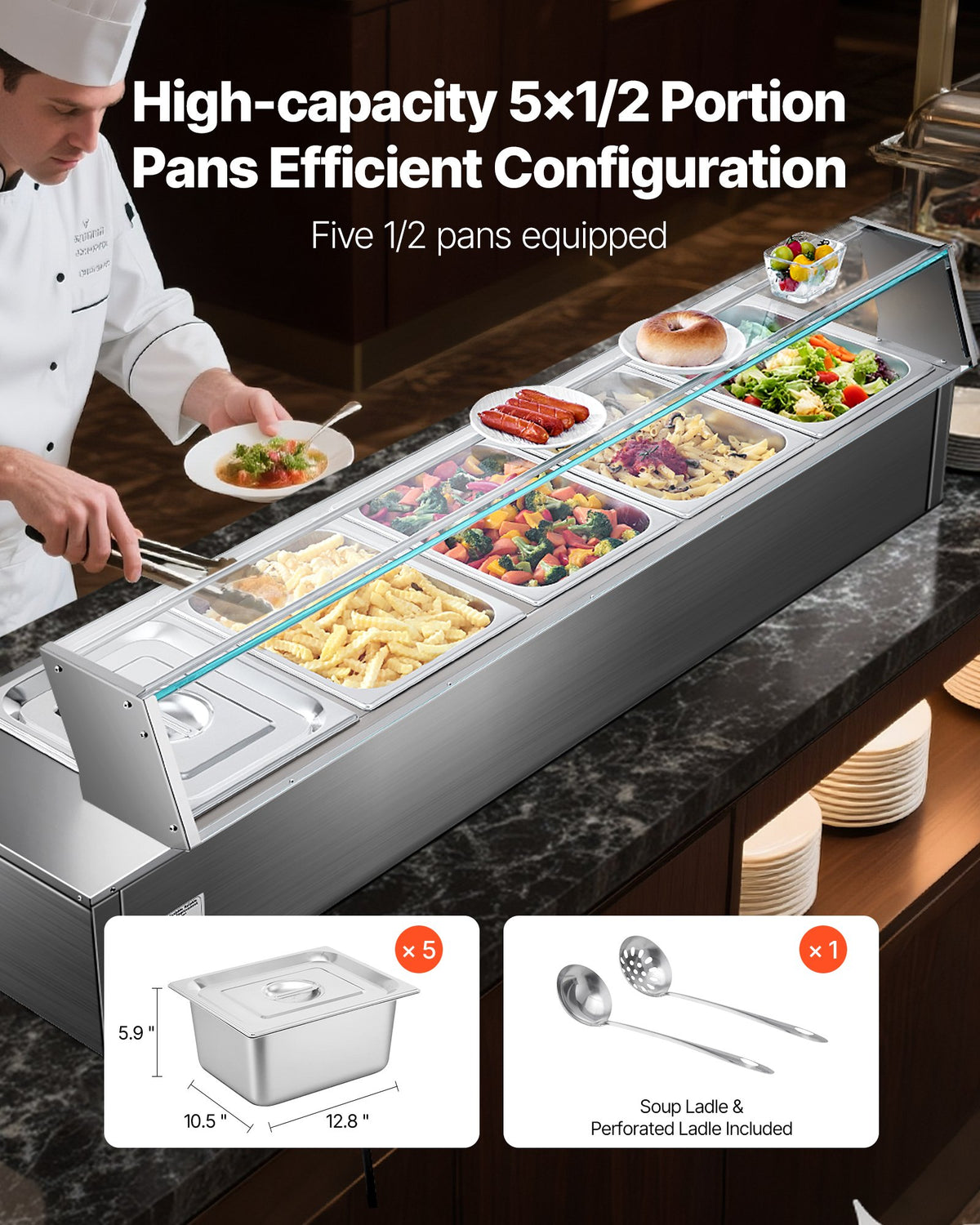 VEVOR komerciālais pārtikas sildītājs ar 5 nodalījumiem, 1500 W elektriska nerūsējošā tērauda Bain Marie bufetes iekārta ar stikla pārsegu un temperatūras regulēšanu 30–85 ℃, piemērota ēdināšanai, bufetēm, pasākumiem un restorāniem - ZEMLETES.LV