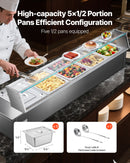 VEVOR komerciālais pārtikas sildītājs ar 5 nodalījumiem, 1500 W elektriska nerūsējošā tērauda Bain Marie bufetes iekārta ar stikla pārsegu un temperatūras regulēšanu 30–85 ℃, piemērota ēdināšanai, bufetēm, pasākumiem un restorāniem - ZEMLETES.LV