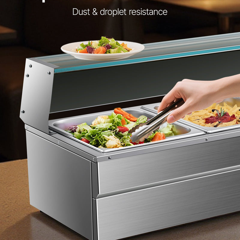 VEVOR komerciālais pārtikas sildītājs ar 5 nodalījumiem, 1500 W elektriska nerūsējošā tērauda Bain Marie bufetes iekārta ar stikla pārsegu un temperatūras regulēšanu 30–85 ℃, piemērota ēdināšanai, bufetēm, pasākumiem un restorāniem - ZEMLETES.LV
