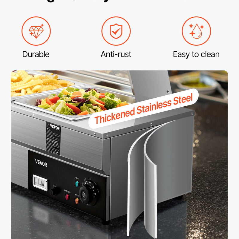 VEVOR komerciālais pārtikas sildītājs ar 5 nodalījumiem, 1500 W elektriska nerūsējošā tērauda Bain Marie bufetes iekārta ar stikla pārsegu un temperatūras regulēšanu 30–85 ℃, piemērota ēdināšanai, bufetēm, pasākumiem un restorāniem - ZEMLETES.LV