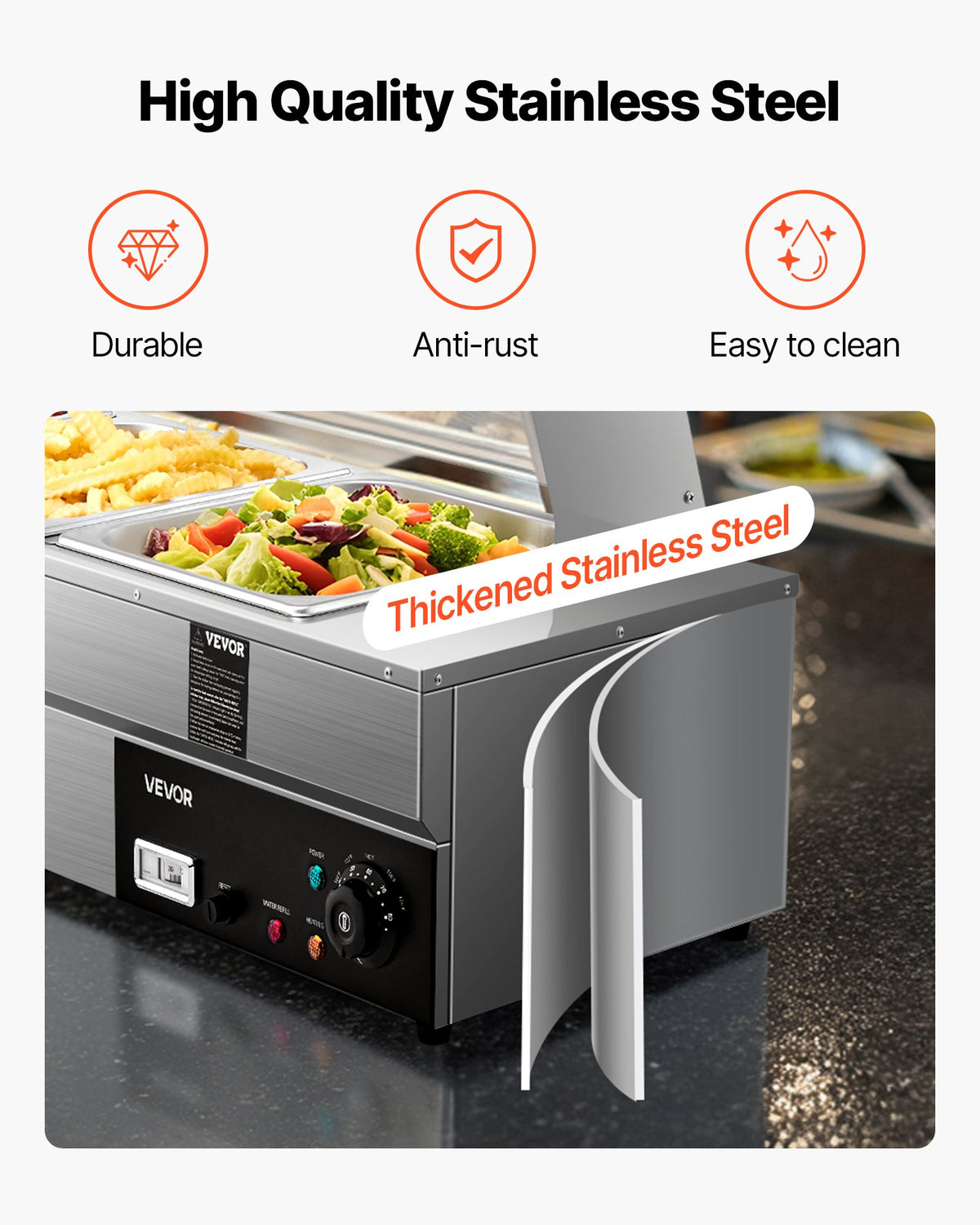 VEVOR komerciālais pārtikas sildītājs ar 5 nodalījumiem, 1500 W elektriska nerūsējošā tērauda Bain Marie bufetes iekārta ar stikla pārsegu un temperatūras regulēšanu 30–85 ℃, piemērota ēdināšanai, bufetēm, pasākumiem un restorāniem - ZEMLETES.LV