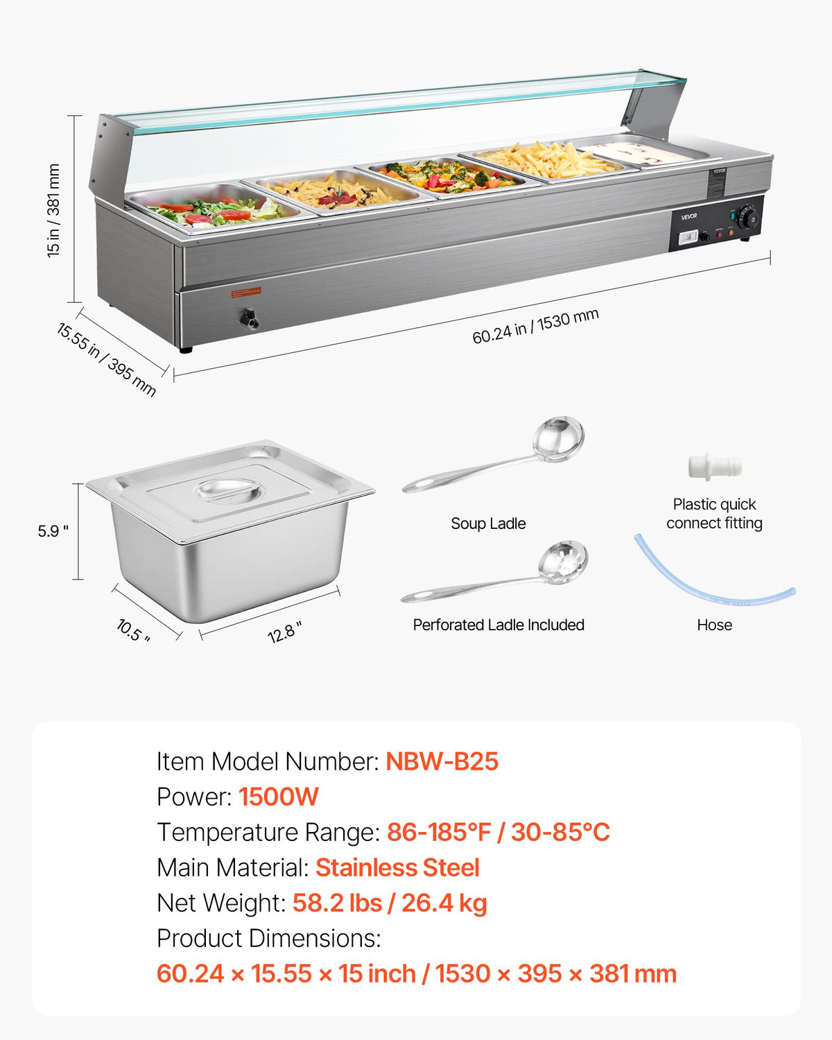 VEVOR komerciālais pārtikas sildītājs ar 5 nodalījumiem, 1500 W elektriska nerūsējošā tērauda Bain Marie bufetes iekārta ar stikla pārsegu un temperatūras regulēšanu 30–85 ℃, piemērota ēdināšanai, bufetēm, pasākumiem un restorāniem - ZEMLETES.LV