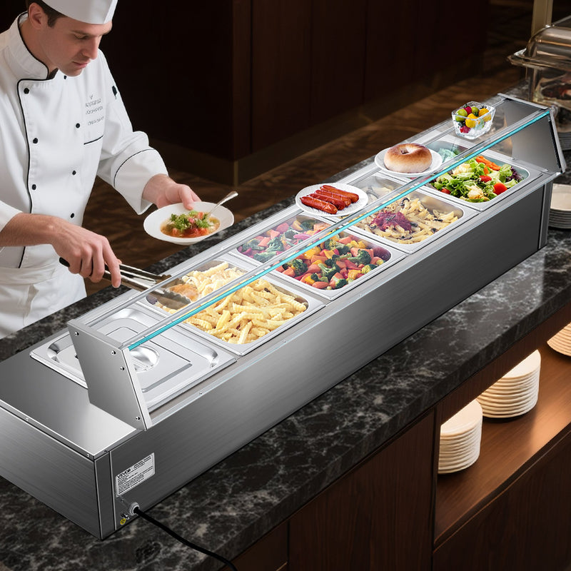 VEVOR komerciālais pārtikas sildītājs ar 5 nodalījumiem, 1500 W elektriska nerūsējošā tērauda Bain Marie bufetes iekārta ar stikla pārsegu un temperatūras regulēšanu 30–85 ℃, piemērota ēdināšanai, bufetēm, pasākumiem un restorāniem - ZEMLETES.LV